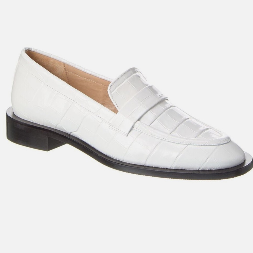 Stuart Weitzman White Croc-Embossed Leather Penny Loafers